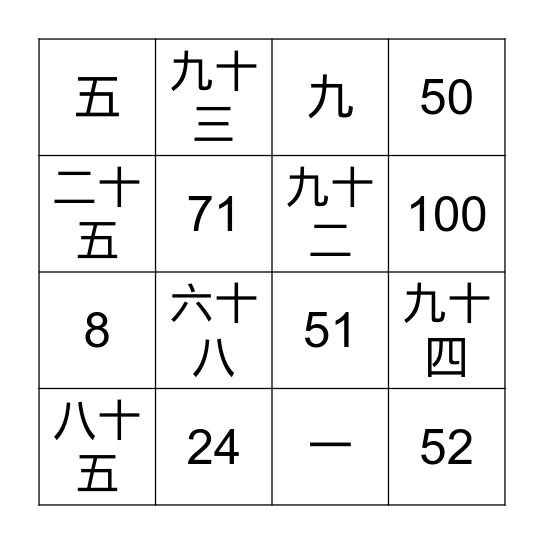 数字 0-100 Bingo Card