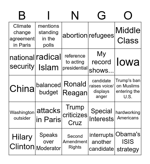 G.O.P. Debate 12/15 Bingo Card