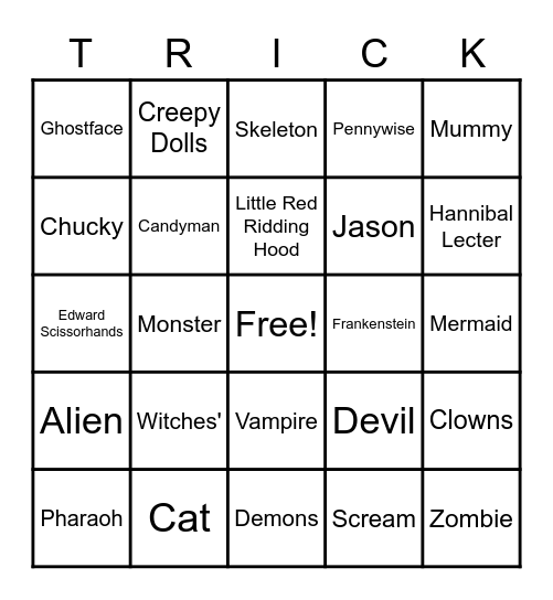 Halloween Characters Bingo Card