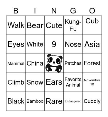 Hannah's Panda Bingo Card