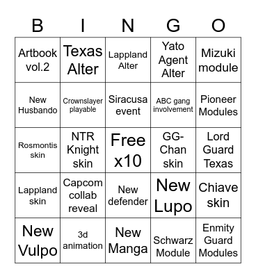 Arknights 3.5 anni Bingo Card