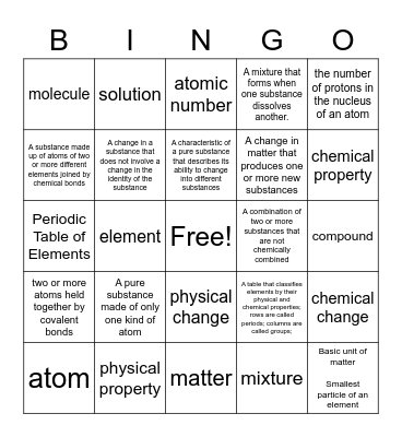 Matter Vocabulary Bingo Card