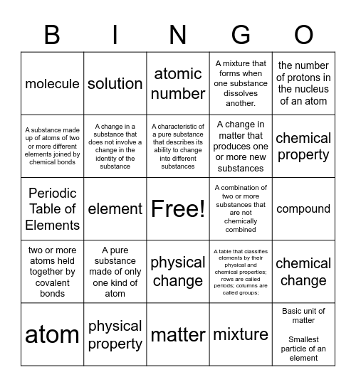 Matter Vocabulary Bingo Card