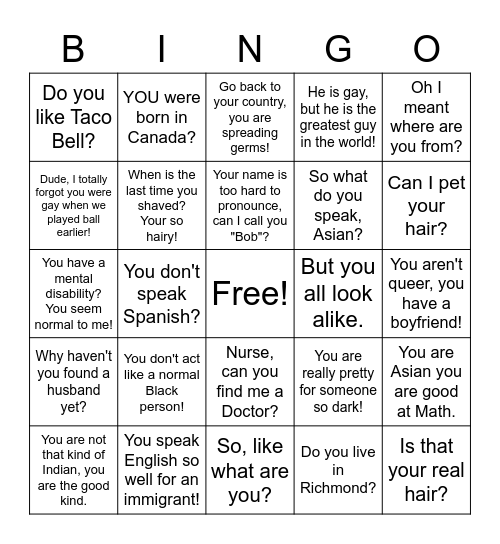 Microaggression Bingo Card
