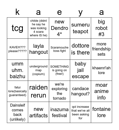 genshin 3.2 livestream bingo Card