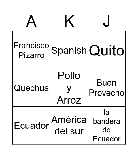 Ecuador Bingo Card