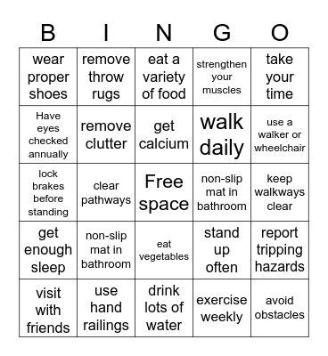 PRIME Physical Therapy Fall Prevention Bingo Card