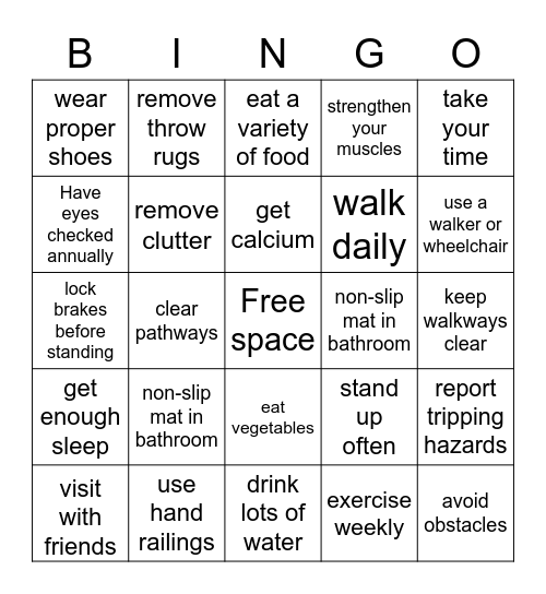 PRIME Physical Therapy Fall Prevention Bingo Card