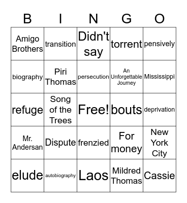 Unit One Reading Review Bingo Card