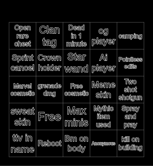 Fortnite Bingo Card