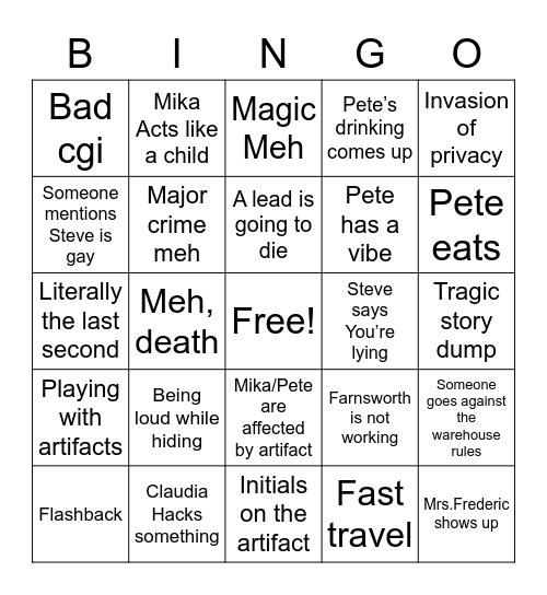 Warehouse 13 Bingo Card