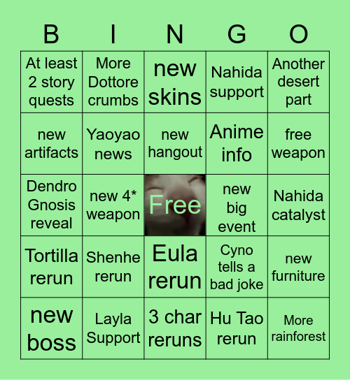 Genshin Impact livestream bingo 3.2 Bingo Card