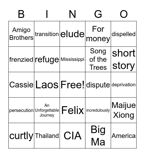 Unit One Reading Review Bingo Card