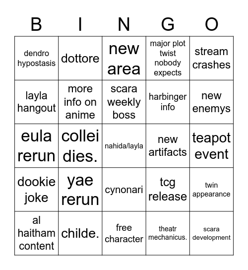 genshin 3.2 Bingo Card