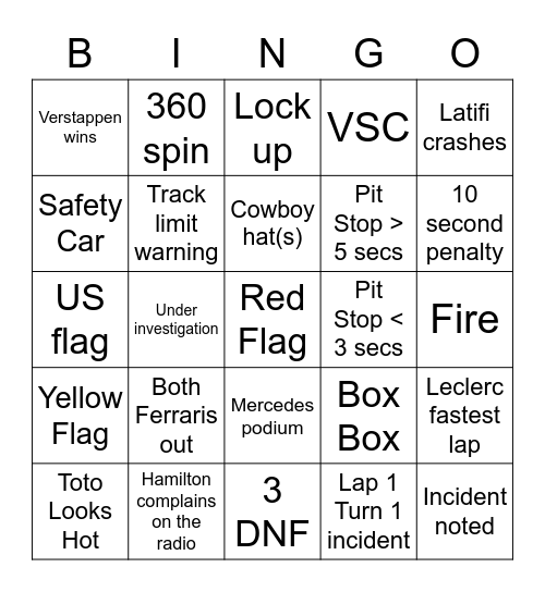 US GP 2022 Bingo Card