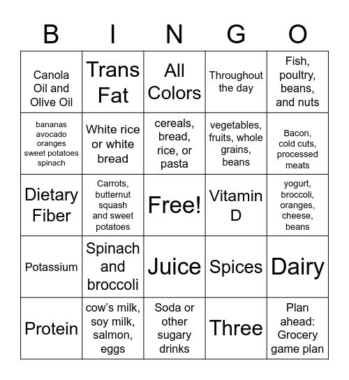 Healthy Diet, Healthy Life Bingo Card