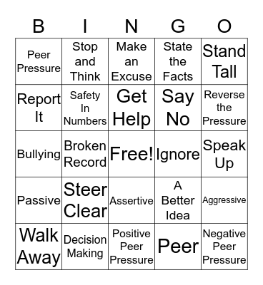 Peer Pressure Strategies Bingo Card