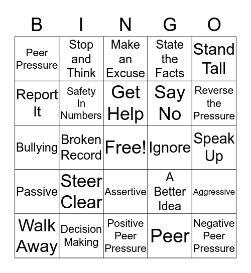 Peer Pressure Strategies Bingo Card
