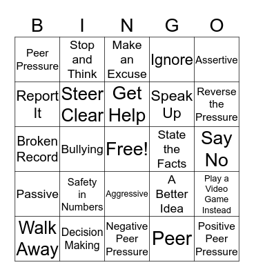 Peer Pressure Strategies Bingo Card
