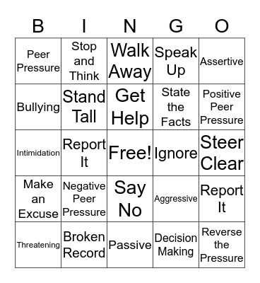 Peer Pressure Strategies Bingo Card