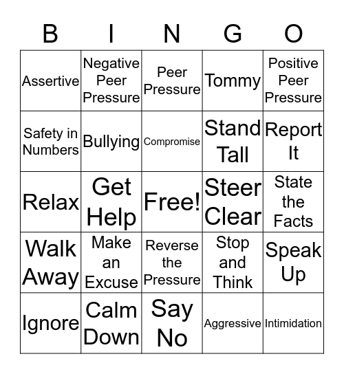 Peer Pressure Strategies Bingo Card