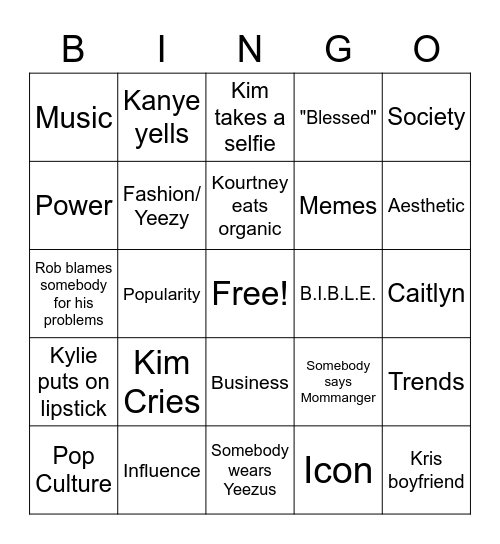 Kardashian Bingo Card