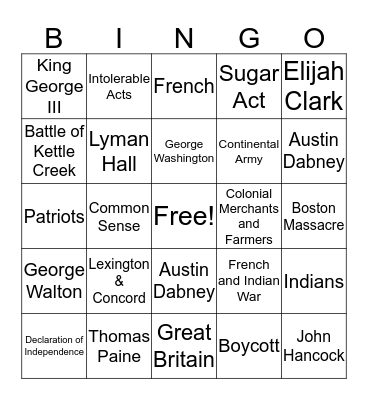 French & Indian War - American Revolution Bingo Card