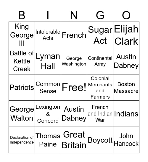 French & Indian War - American Revolution Bingo Card