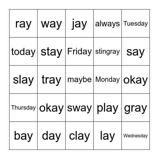 ay Vowel Team Bingo Card