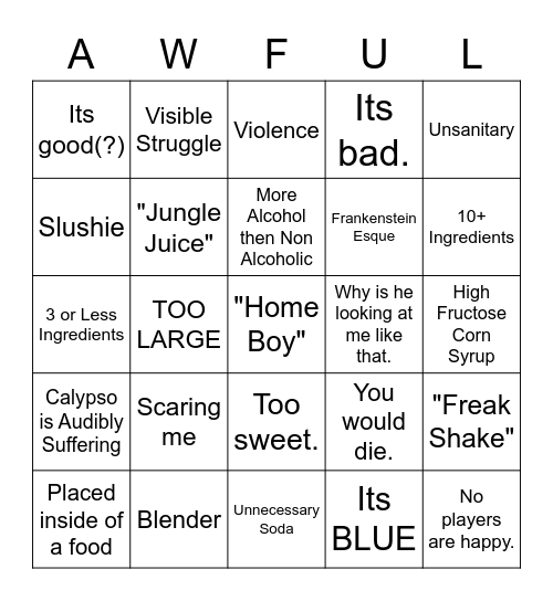 Tipsy Bartender Bingo Card