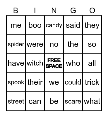 Halloween/Tricky Word Bingo Card