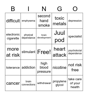 Vaping/Smoking Prevention Bingo Card