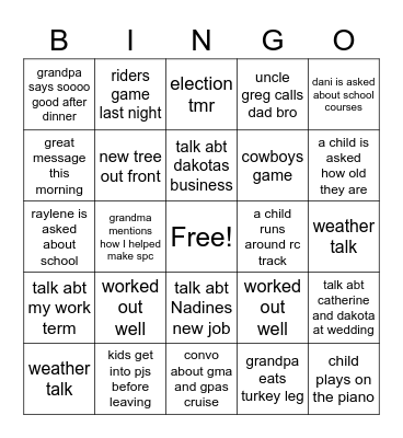Hopkins Family Dinner Bingo Card