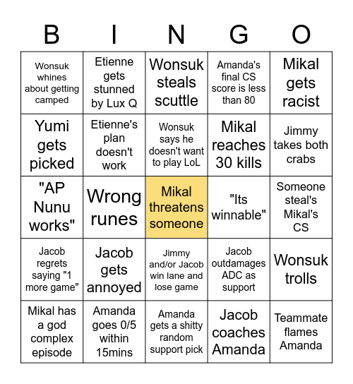 Lego Legends Bingo Card