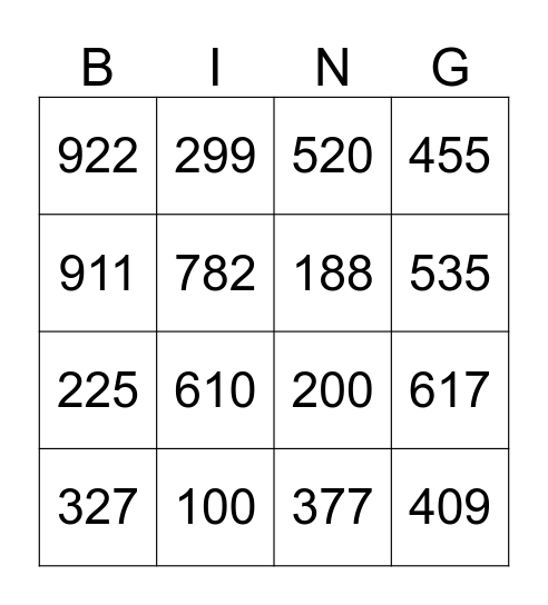 3 Digit Bingo Card