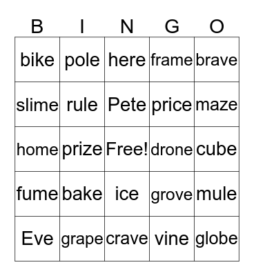 Silent E Bingo Card