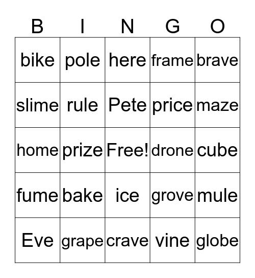 Silent E Bingo Card