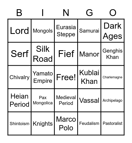 Middle Ages: The Mongols, Japan, Europe Bingo Card