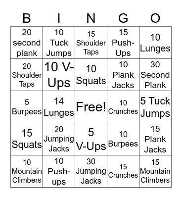 Fitness Bingo Card