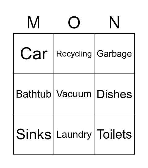 Cleanup Monday Bingo Card