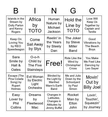 Yacht Rock Music Bingo Card