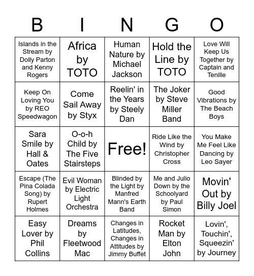 Yacht Rock Music Bingo Card