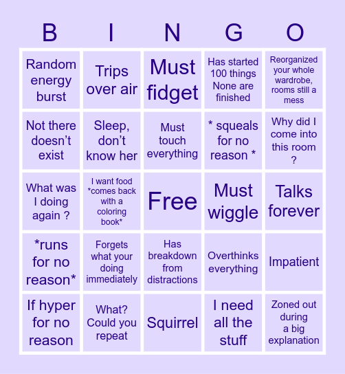 ADHD bingo Card