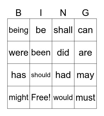 Helping Verbs Bingo Card