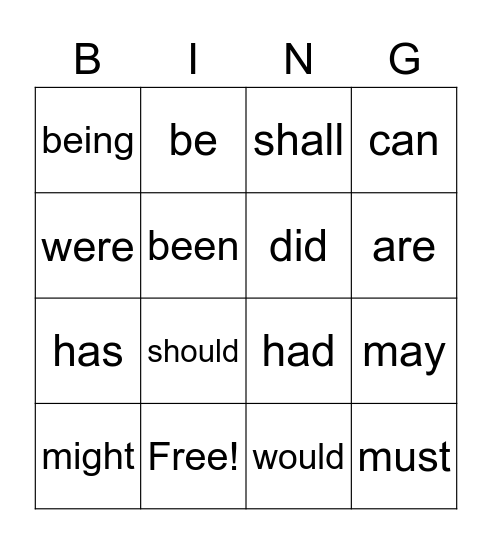 Helping Verbs Bingo Card