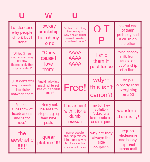 ship opinion bingo! Bingo Card