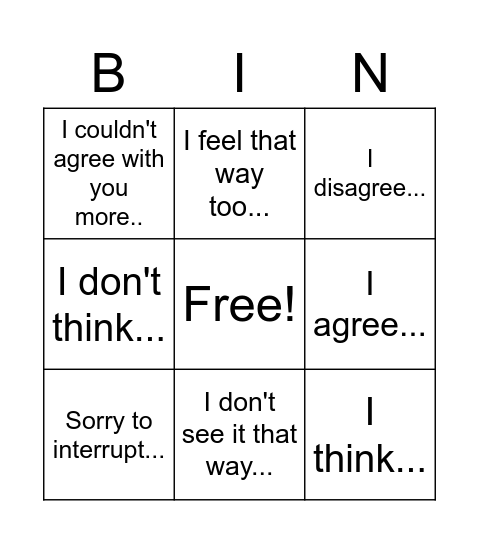 Disagree/Agree Bingo Card