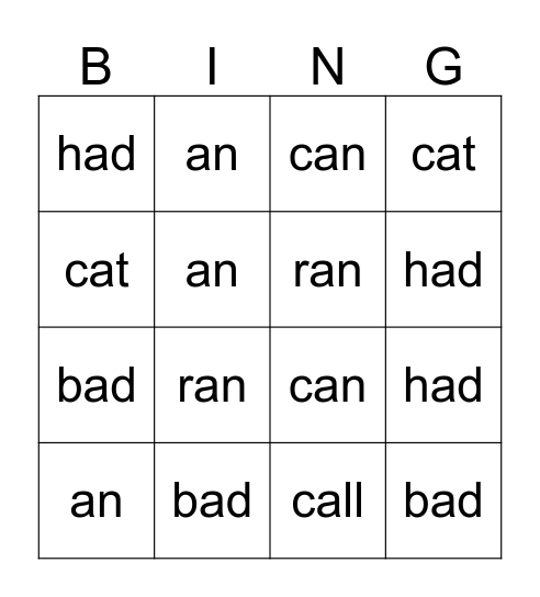Spelling Bingo Card