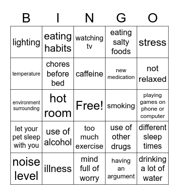 Sleep Hygiene Bingo Card