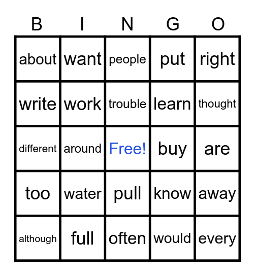 High Frequency Words Bingo Card